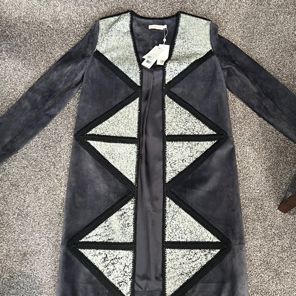 Tory Burch Crochet-Trim Suede Coat